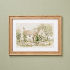 Unushome - Watercolor Cottage Wall Art Print with Natural Oak Frame