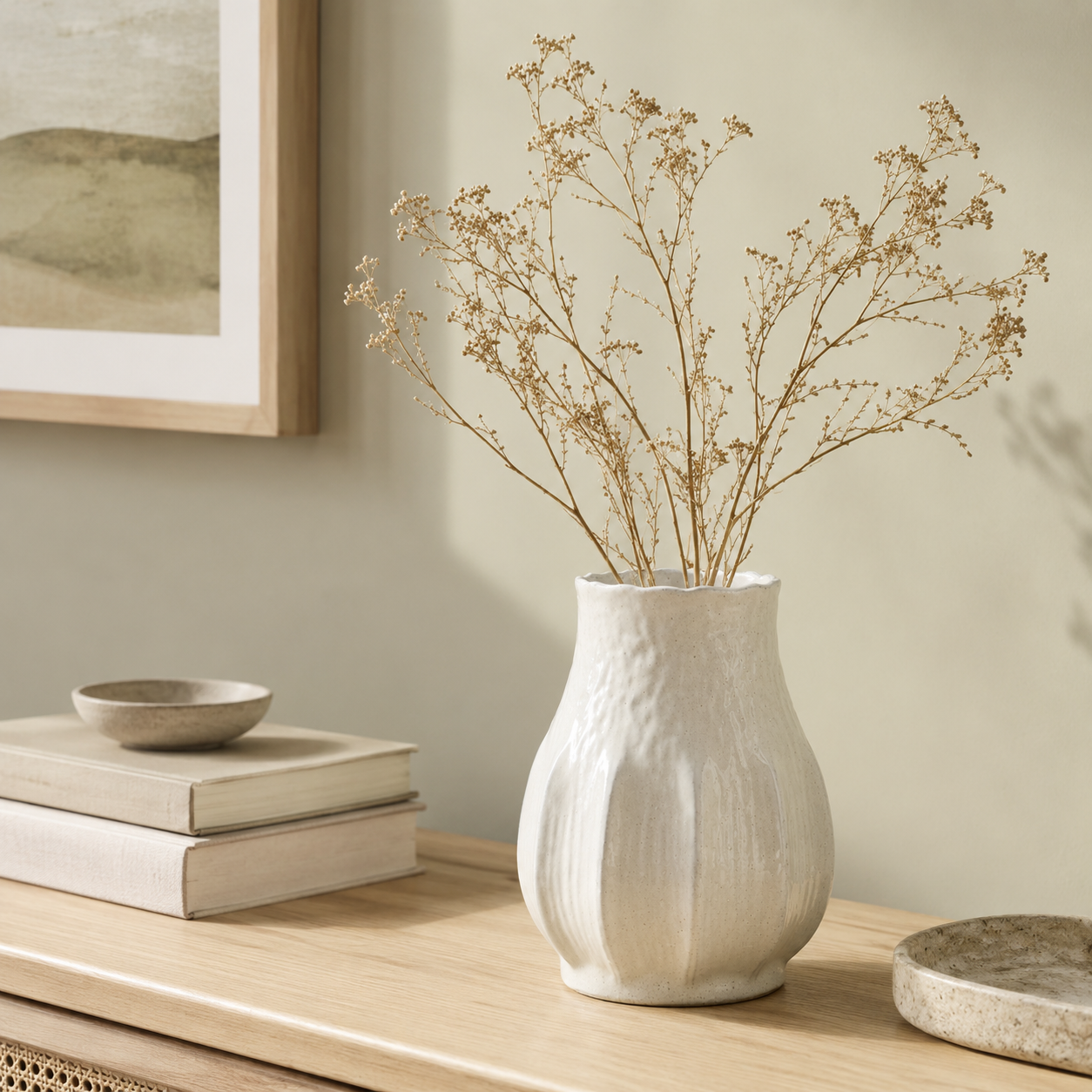12" Pleated Ceramic Vase Sour Cream - Image 3