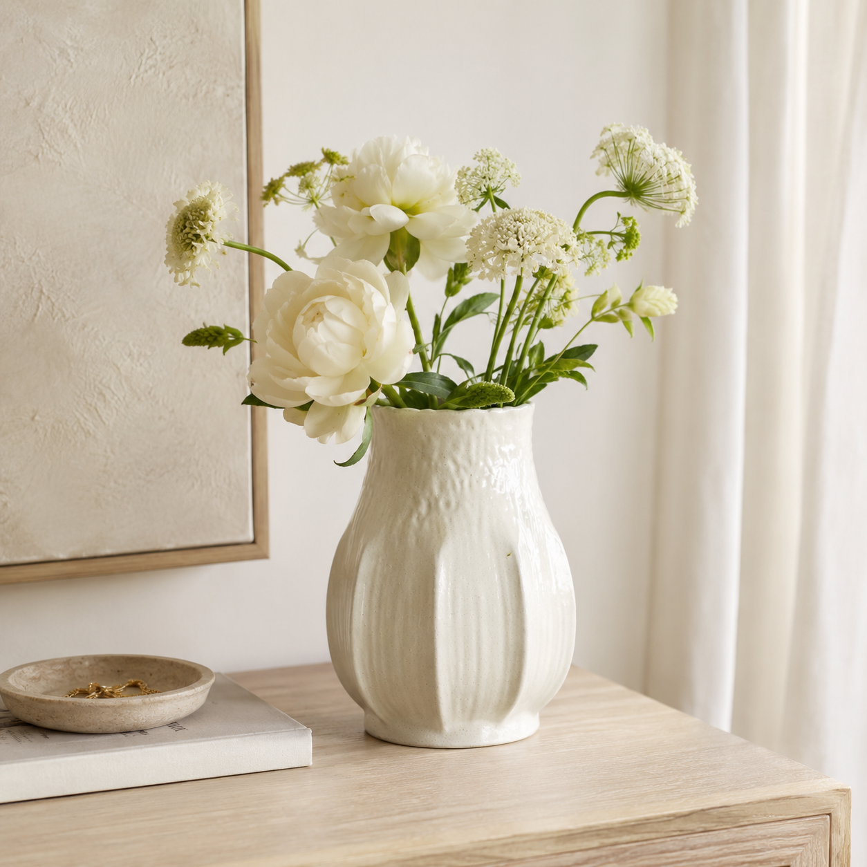 12" Pleated Ceramic Vase Sour Cream - Image 2