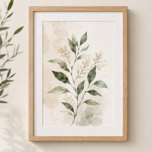 Watercolor Botanical Wall Art with Natural Oak Frame
